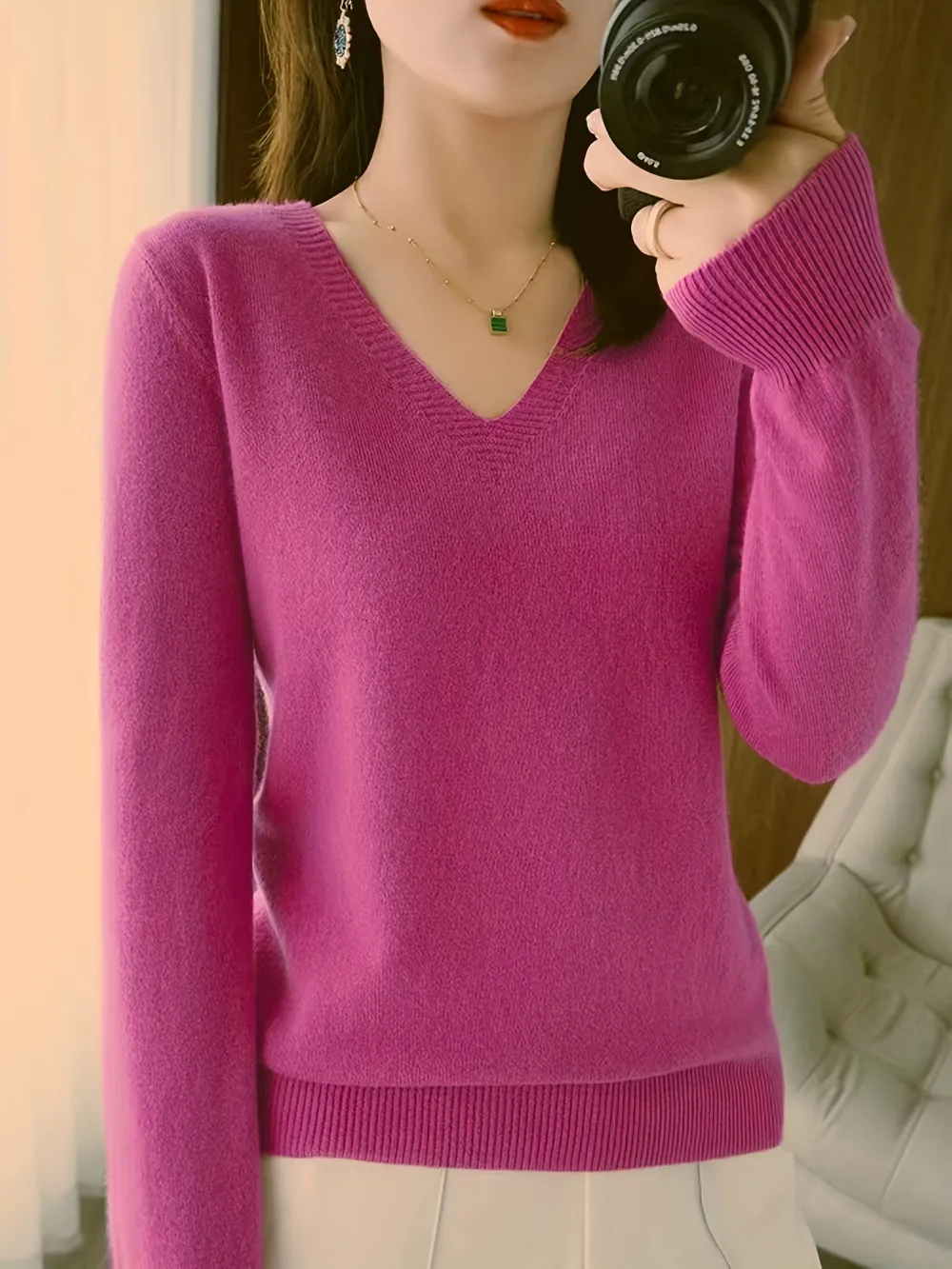 Day V Neck Long Sleeve Knitted Sweater