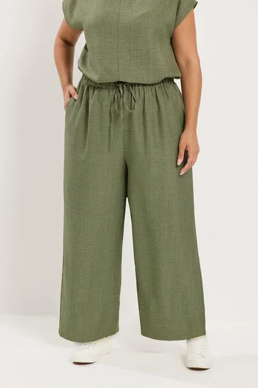 Khaki Green Textured Wide Leg Trousers