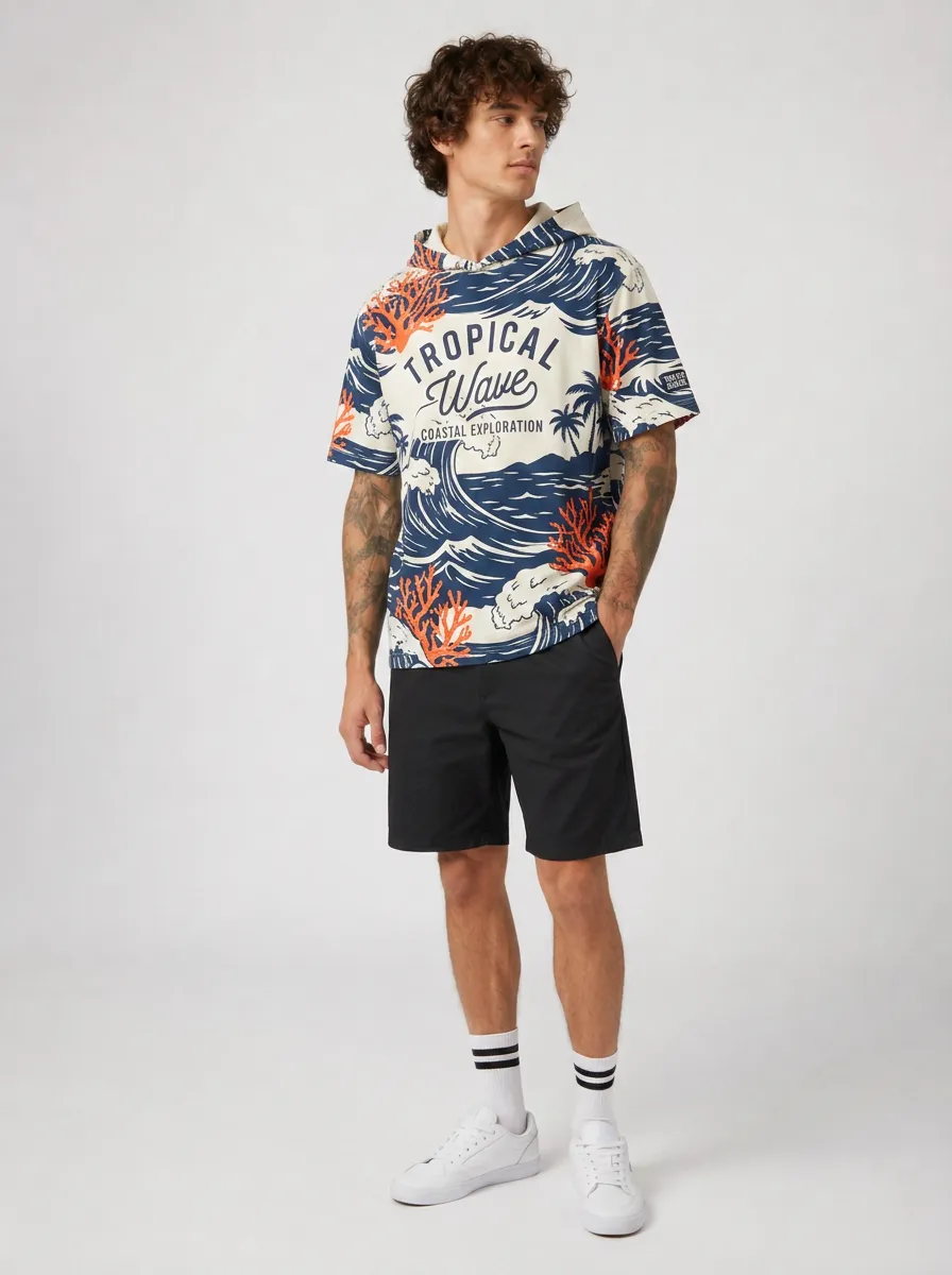 Men's Tropical Wave Coastal Exploration Coral Ocean Printed Hoodie T-shirt