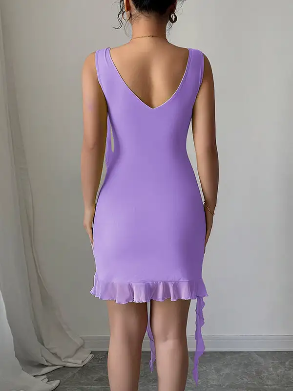 Pleated Solid Color Bodycon High Waisted V Neck Mini Dress