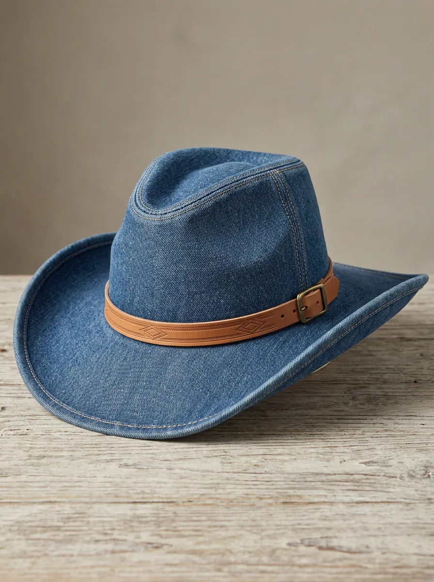 Men's Western Hat with Leather Look Wide Brim Curved Brim Detail