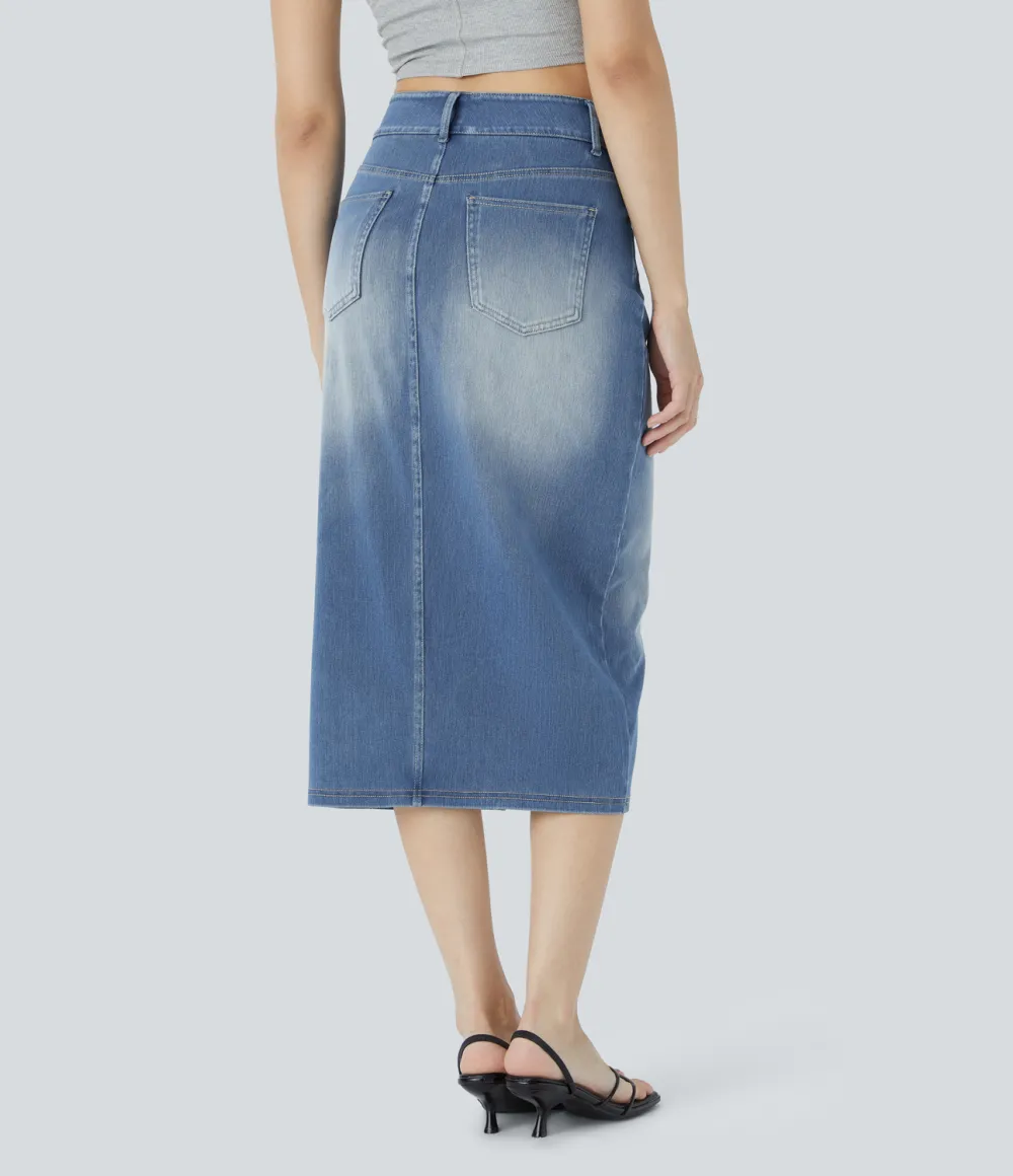 Magic High Waisted Multiple Pockets Bodycon Split Washed Stretchy Knit Denim Casual Midi Skirt