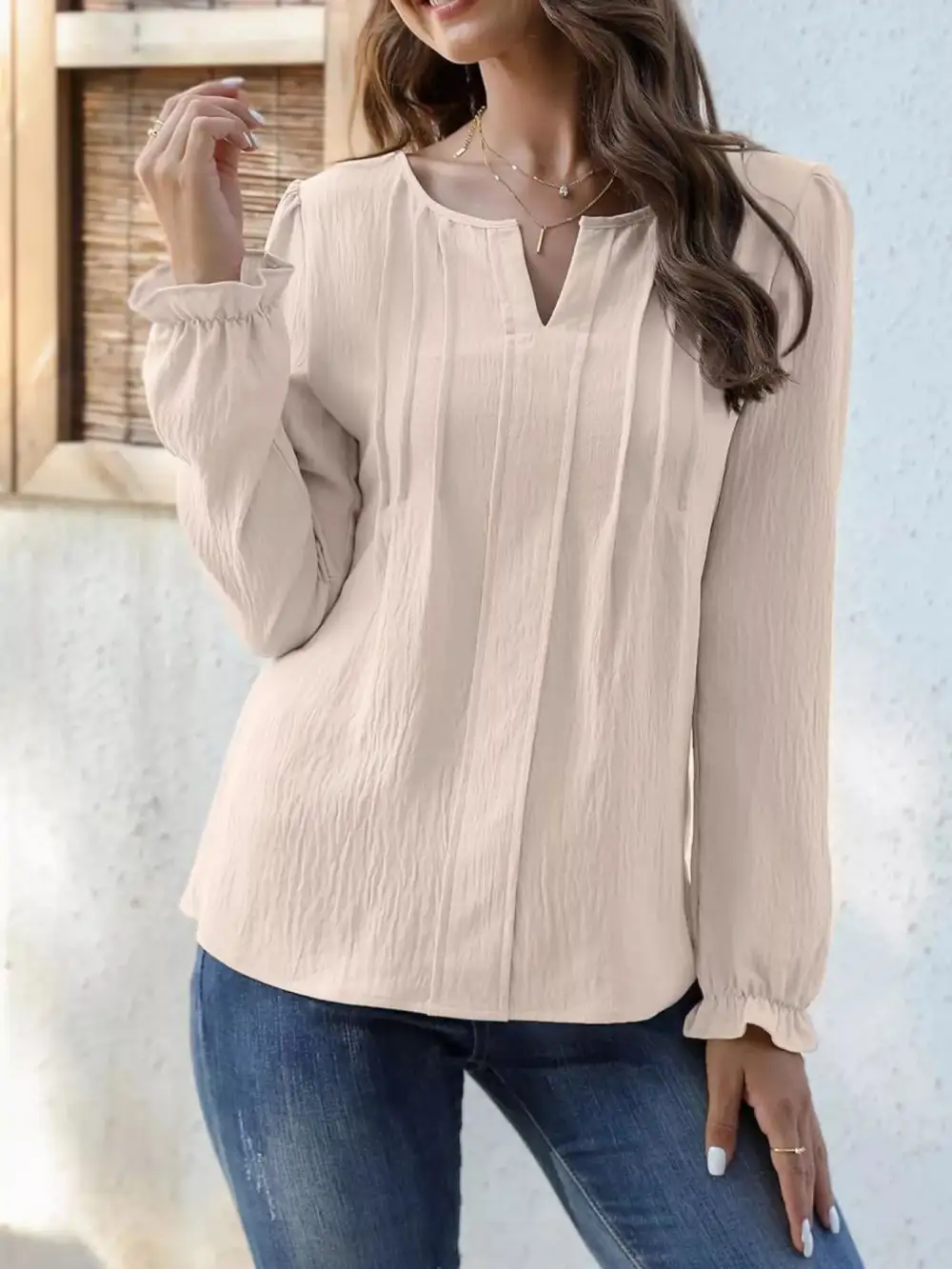 Notched-Neck Ruffle-Cuff Blouse