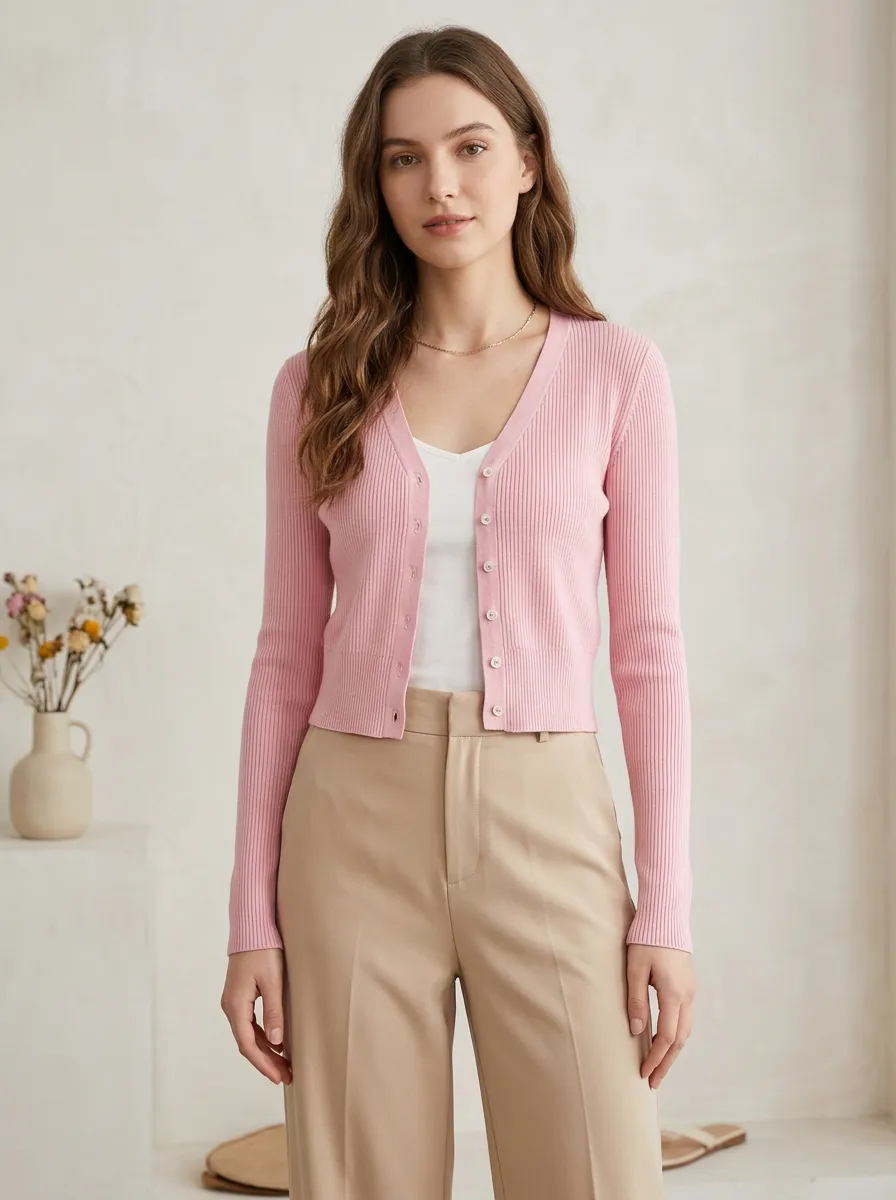 Women's Ribbed V-Neck Button-Down Cardigan
