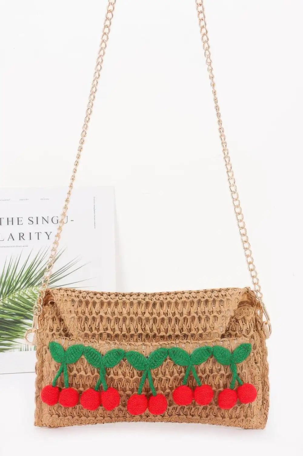 Woven Faux Straw Cherry Clutch Crossbody Bag