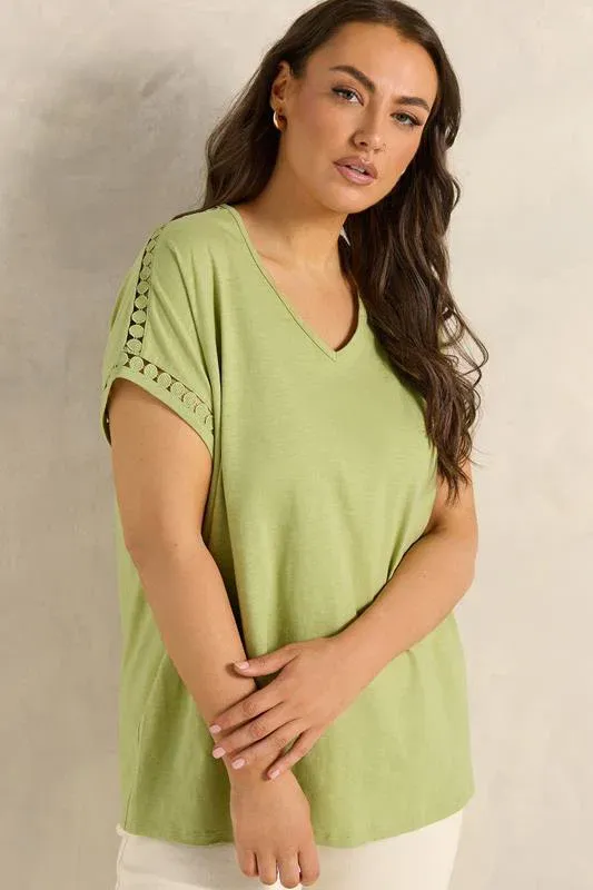 Chartreuse Crochet Trim Cotton V Neck T-Shirt