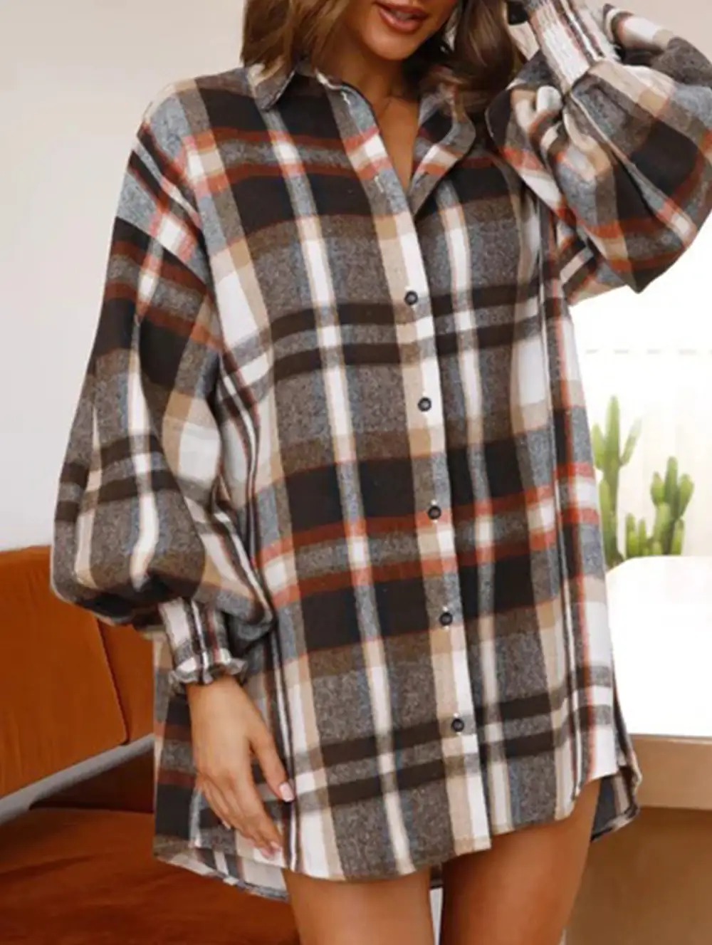 Plaid Lantern Sleeve Shirt
