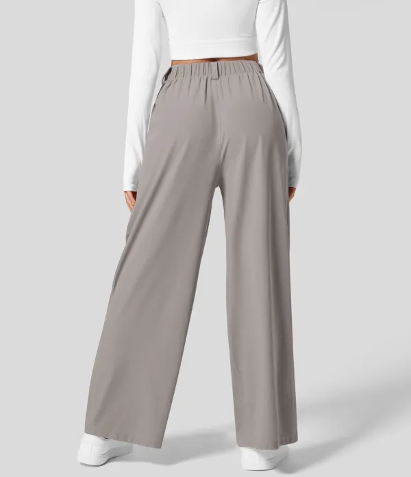  High Waisted Plicated Side Pocket Wide Leg Waffle Work Pants