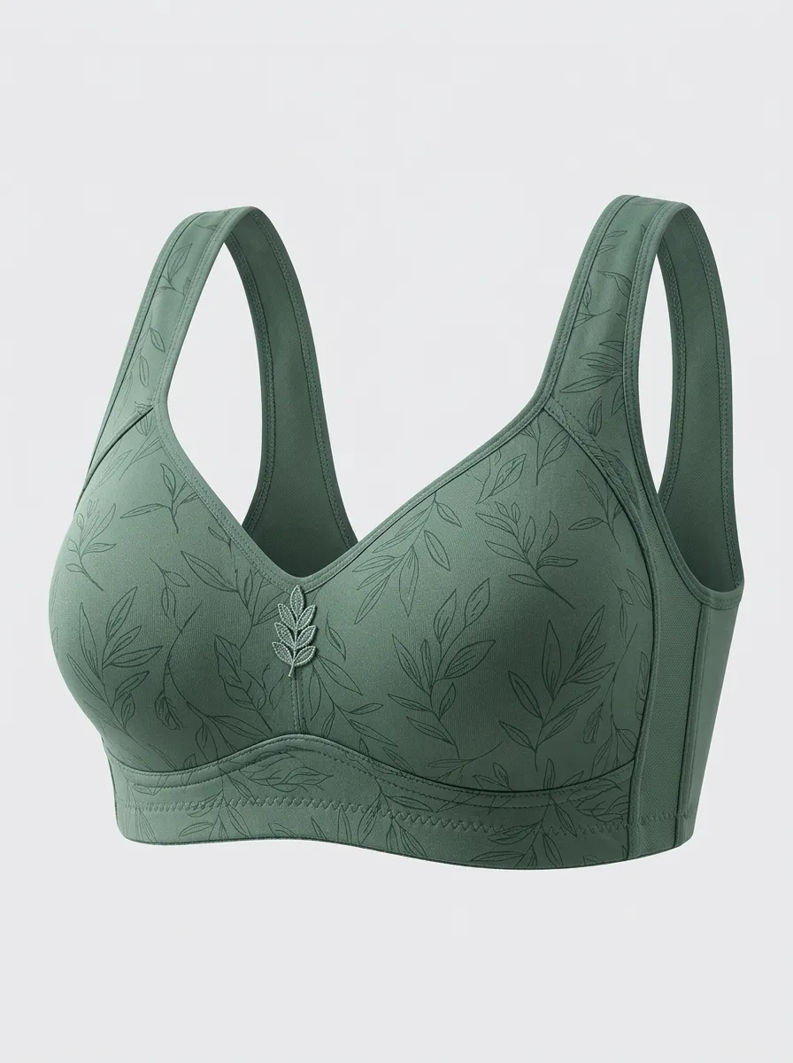 Women's Plus Size Sage Green Botanical Leaf Full-Coverage V-Neck Wireless Bra