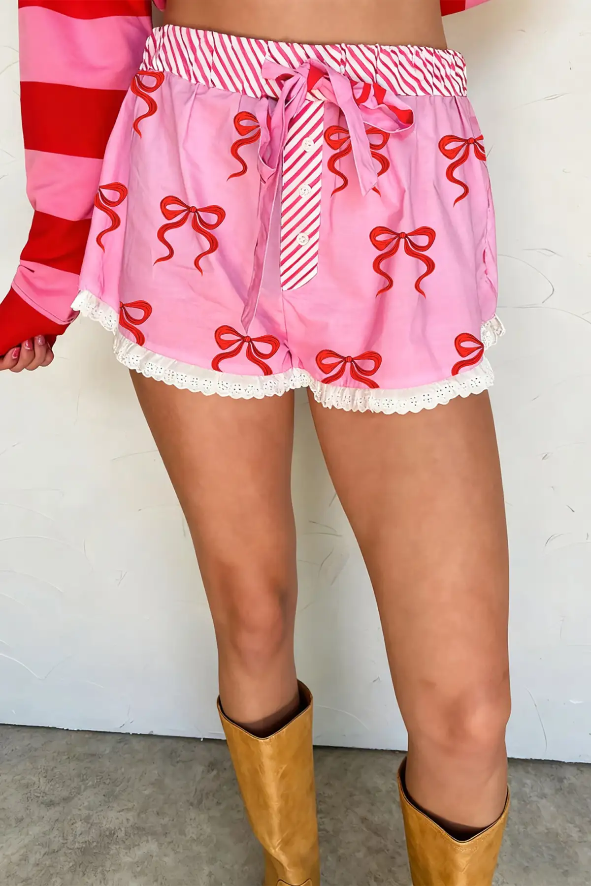 Bow Print Striped Patchwork Elastic Waist Lace Trim Loose Shorts