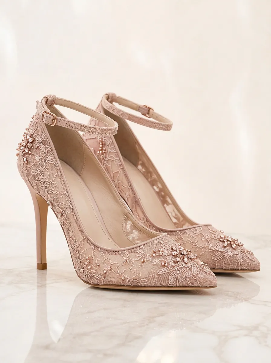 Floral Lace-Detail Embroidered Buckle-Strap Women's Formal High Heels
