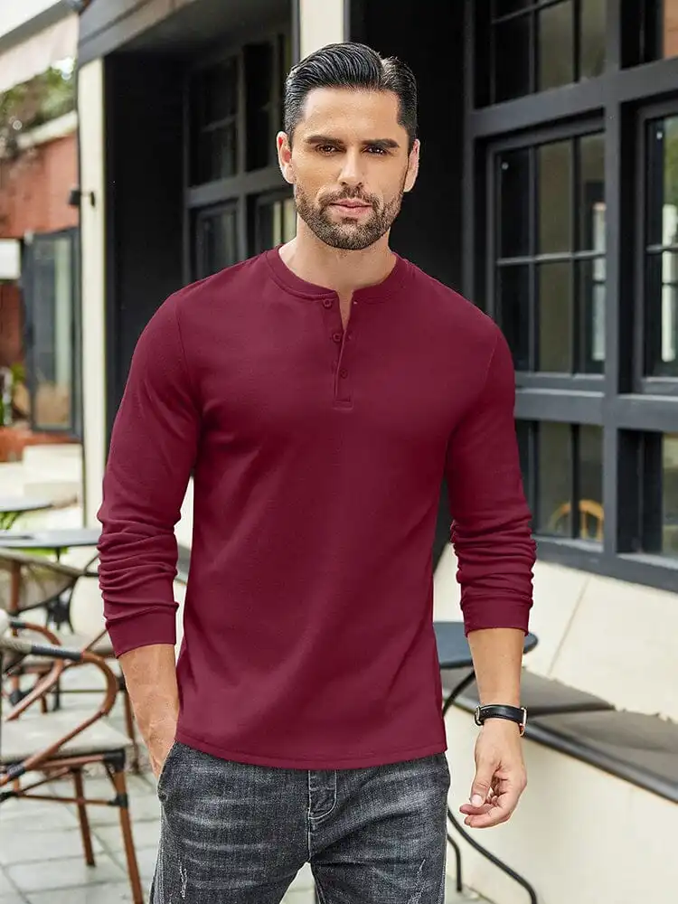Ribbed Knit Henley T-Shirt