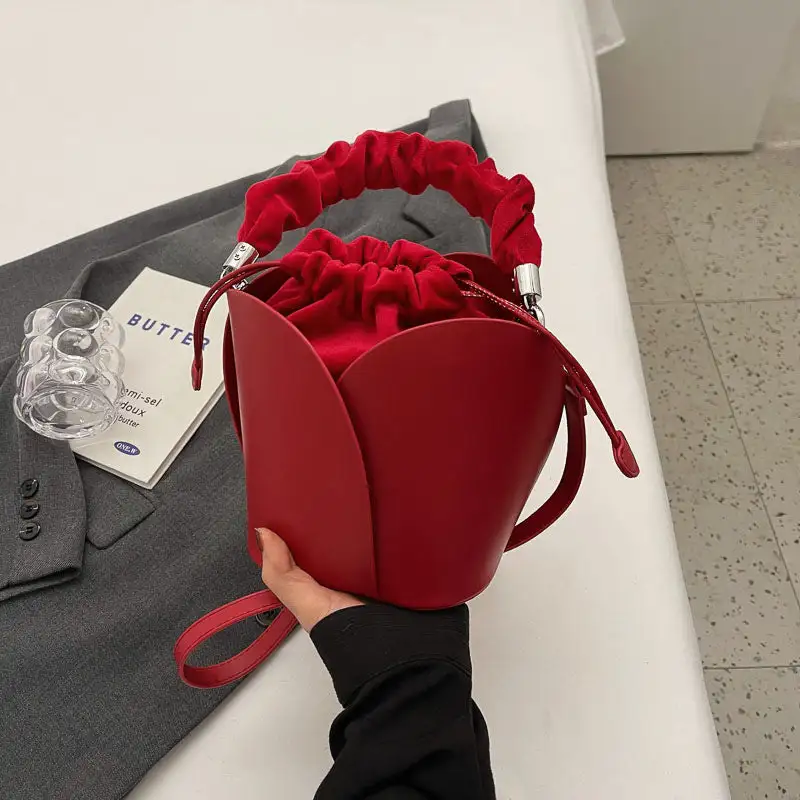 Faux Leather Pleated Drawstring Bucket Bag