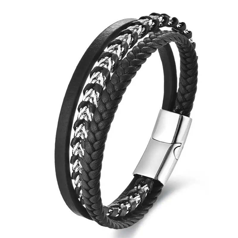 Braided Design Titanium Steel Multi Layer Leather Bracelet