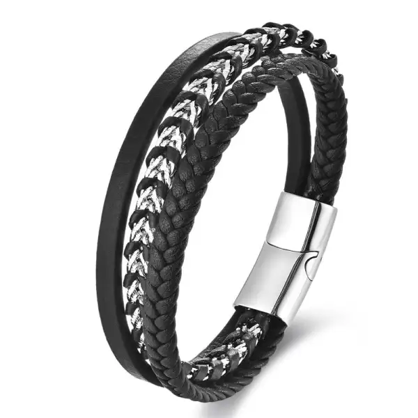 Braided Design Titanium Steel Multi Layer Leather Bracelet