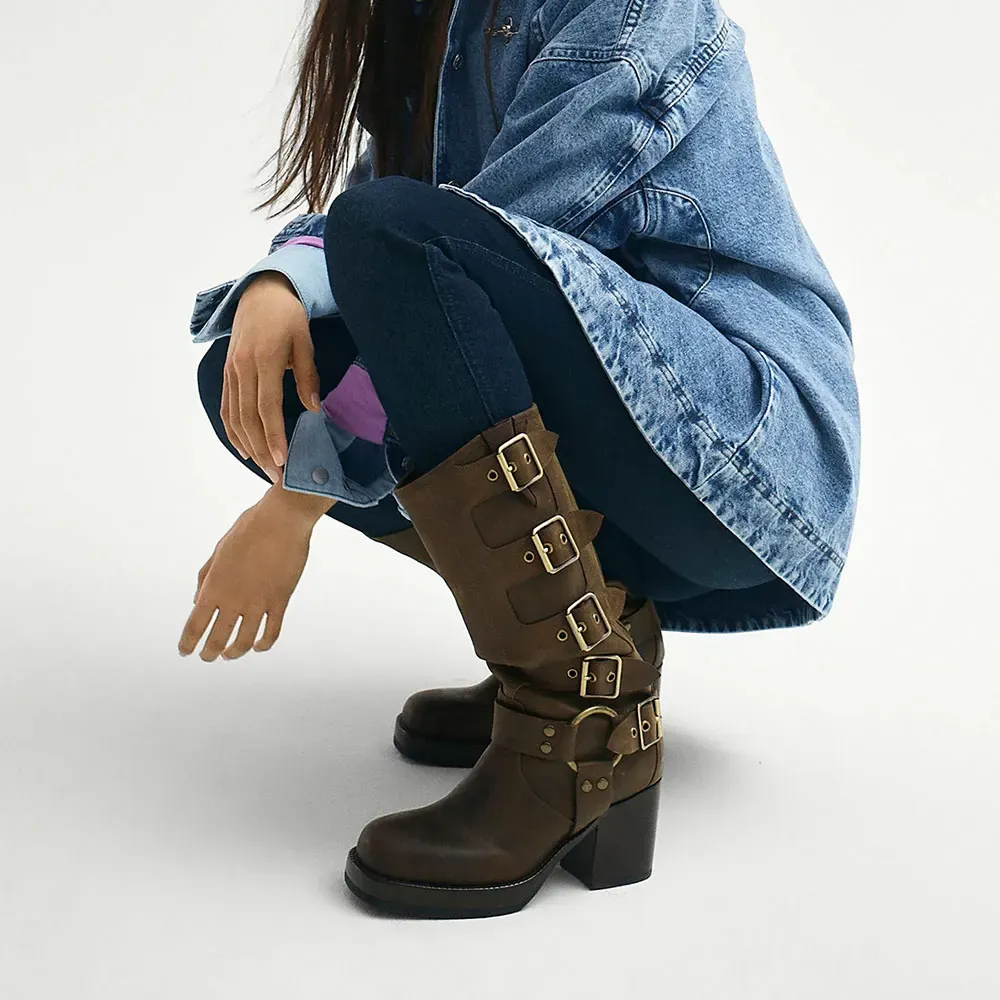Faux-Leather Buckle-Detail Round-Toe Chunky-Heel Western Boots