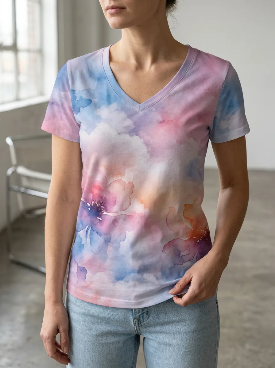 Women's Floral Watercolor Sky Printed V-Neck T-Shirt
