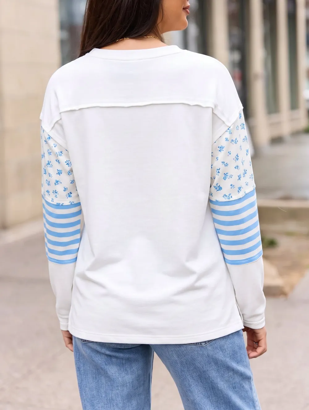 Women's Striped Floral Print Long Sleeve Pullover Top