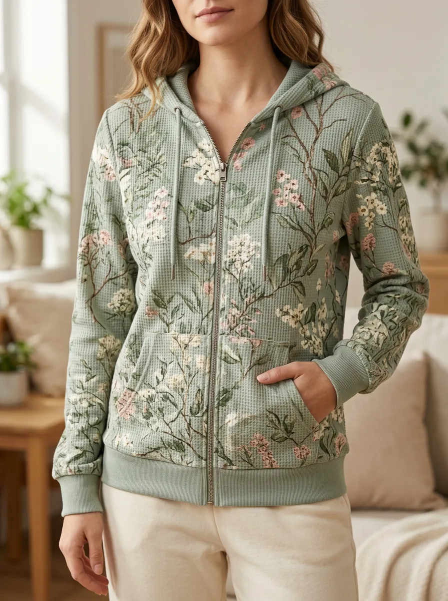 Women's Floral Botanical Signature Theme Waffle Zip-Up Hoodie