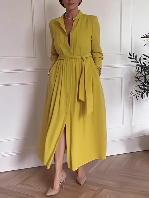 Pleated Buttoned Long Neck Maxi Dress