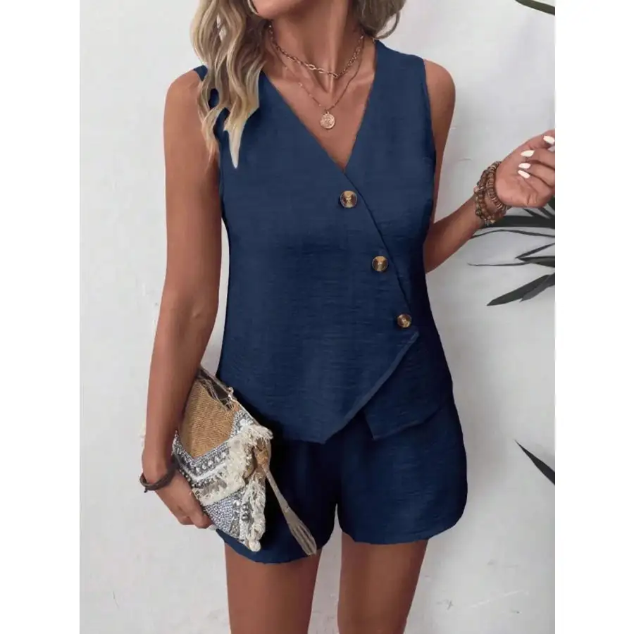 Relaxed Button Up Vest and Shorts Set