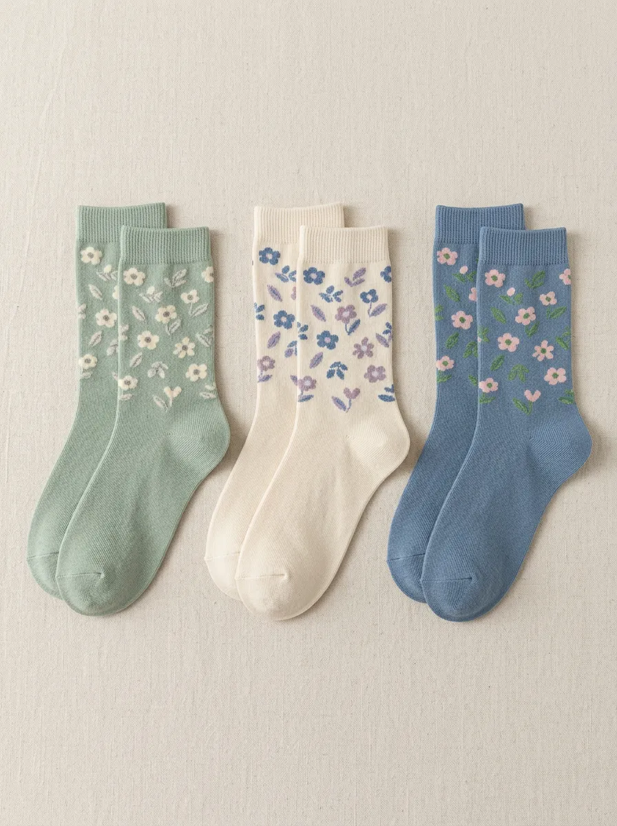 Women's Allover Floral Pattern Crew Socks Three Pair Set