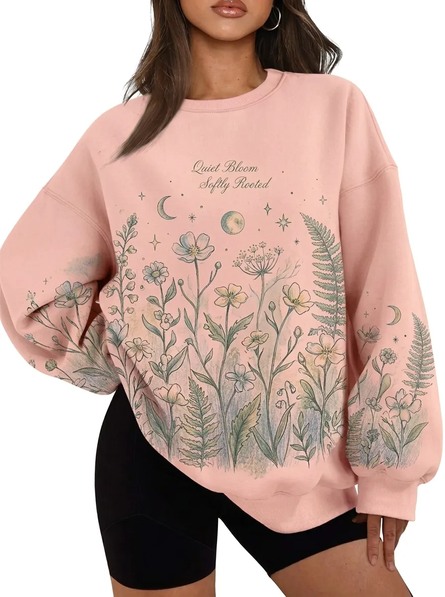 Women's Botanical Nature Floral Moon Graphic Sweatshirt