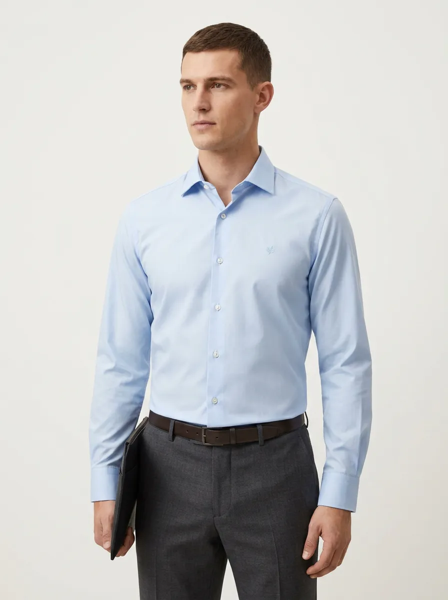 Men's Non-Iron Cotton Leaf Logo Embroidered Long Sleeve Shirt