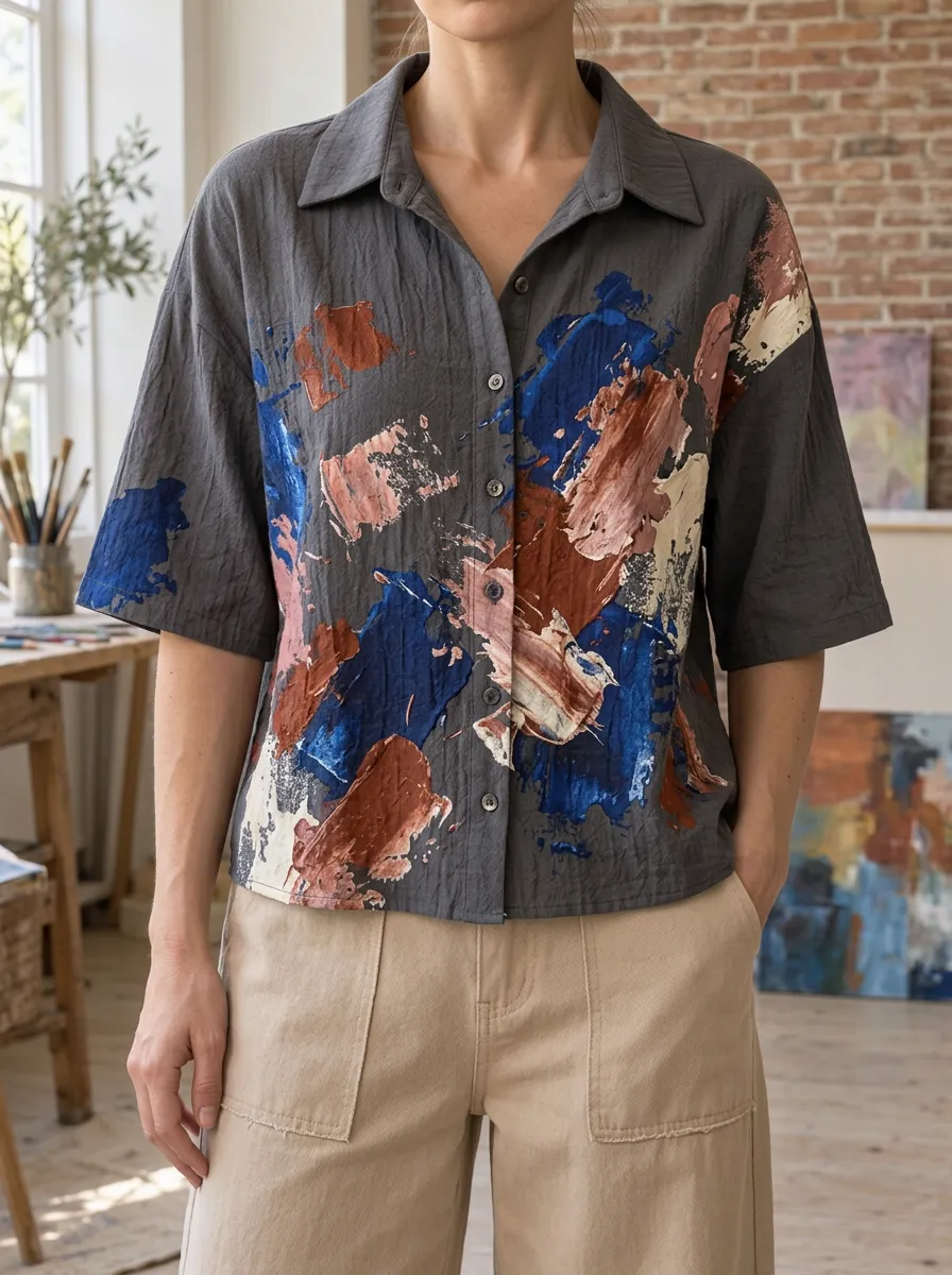 Women's Artistic Abstract Oil Paint Printed Shirt