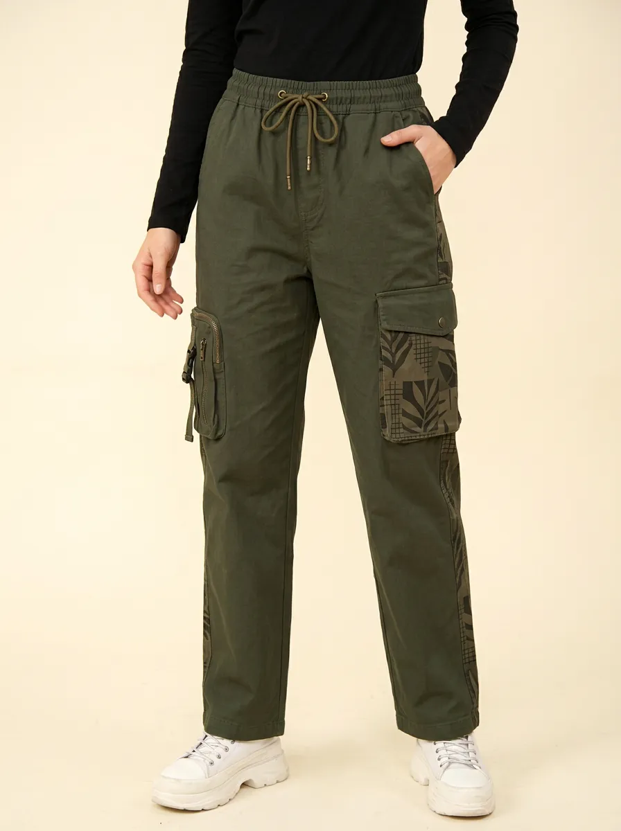 Women's Olive Green Botanical Leaf Pattern Cargo Pants