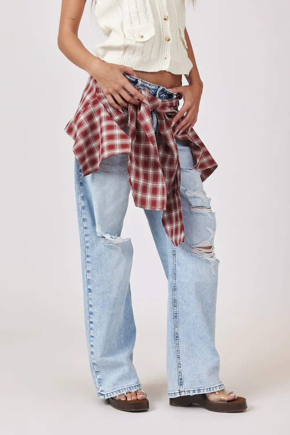 Plaid Contrast Distressed Jeans