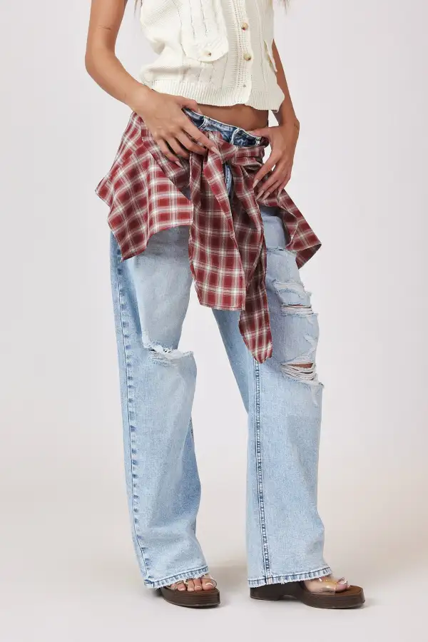 Plaid Contrast Distressed Jeans