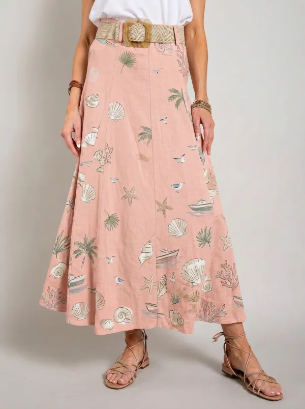 Women's Beach Vacation Seashell Starfish Boat Printed Maxi Skirt