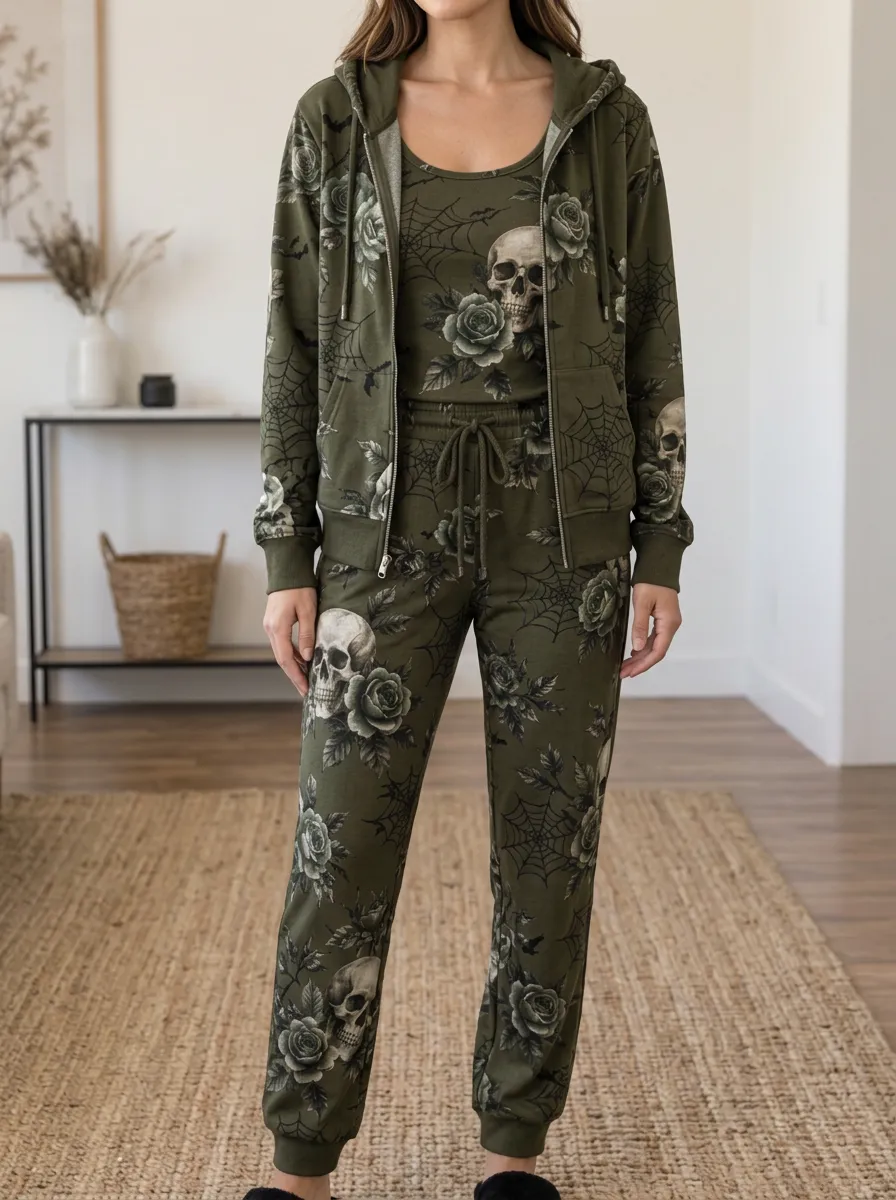 Women's Halloween Skull Rose Spiderweb Zip-Up Hoodie Jogger Set