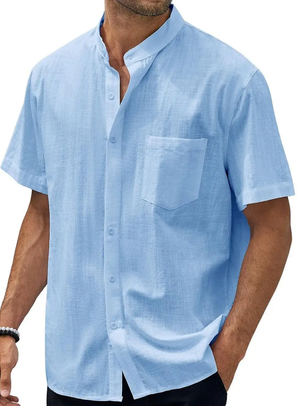 Cotton Linen Stand Collar Shirt