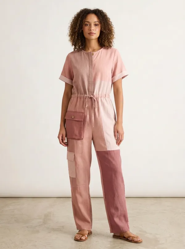 Women's Casual Earth Tone Patchwork Colorblock Utility Jumpsuit