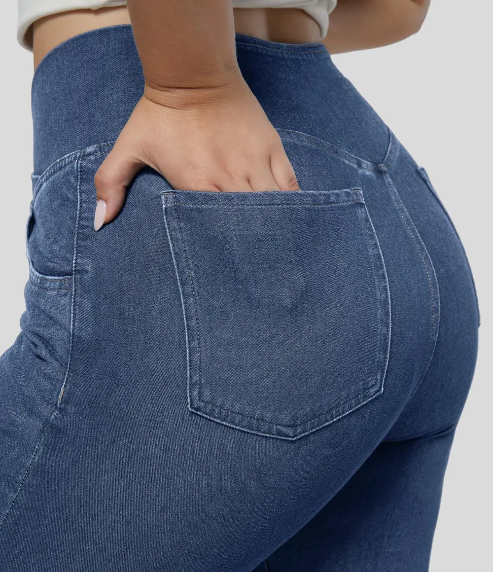 Magic High Waisted Crossover Pocket Cool Touch Breathable Washed Stretchy Knit Plus Size Casual Super Flare Jeans