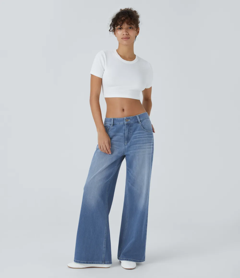 Magic Low Rise Button Zipper Multiple Pockets Washed Stretchy Knit Wide Leg Casual Jeans