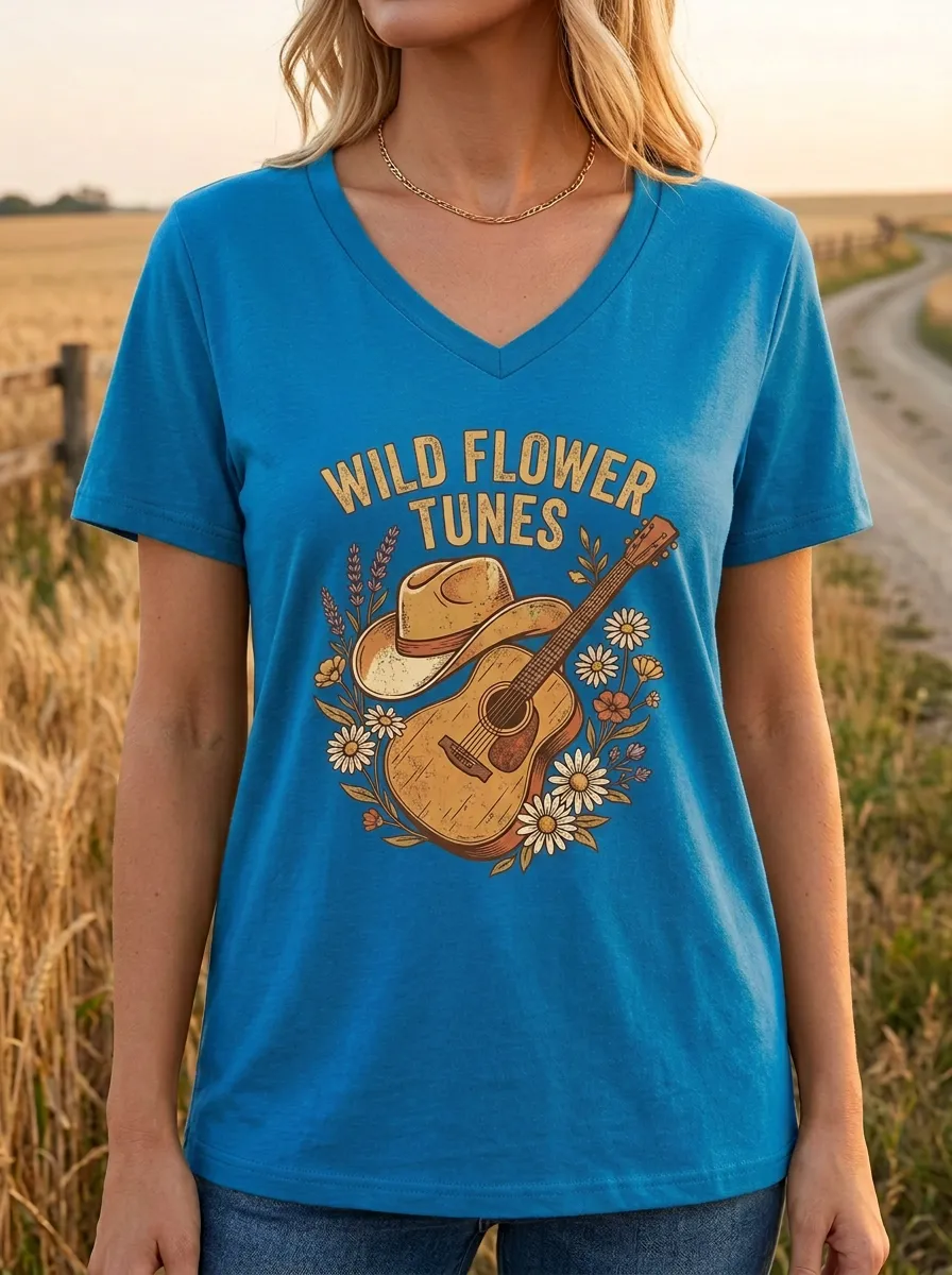 Cowboy-Hat Floral Guitar Women's V-Neck T-Shirt