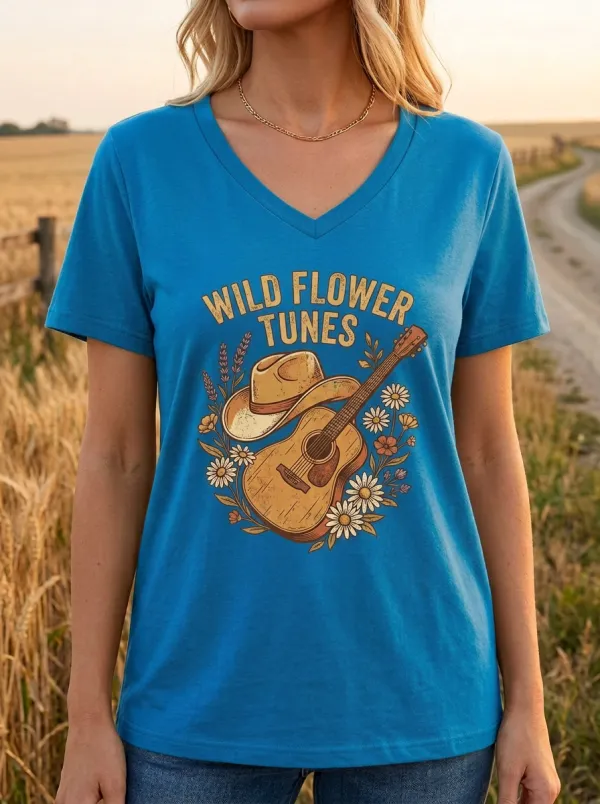 Cowboy-Hat Floral Guitar Women's V-Neck T-Shirt