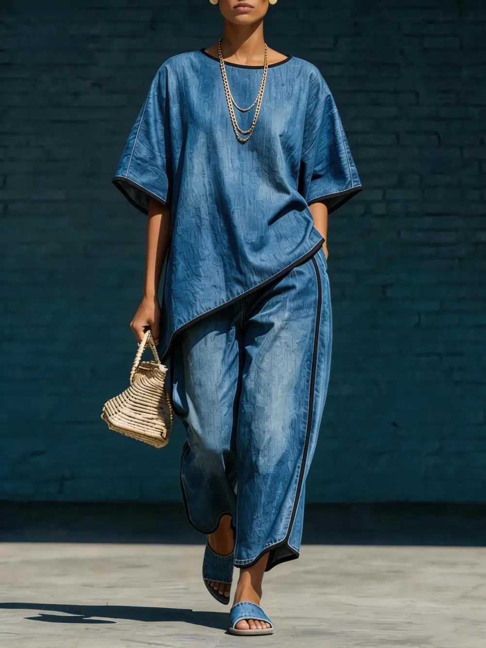 Wide-Leg Denim Knit Women's Matching Set