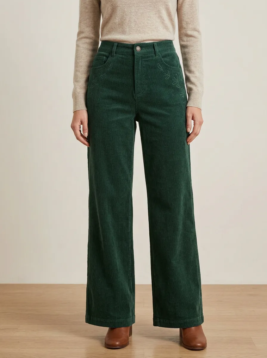 Women's Botanical Nature Lover Leaf Embroidered Corduroy Pants