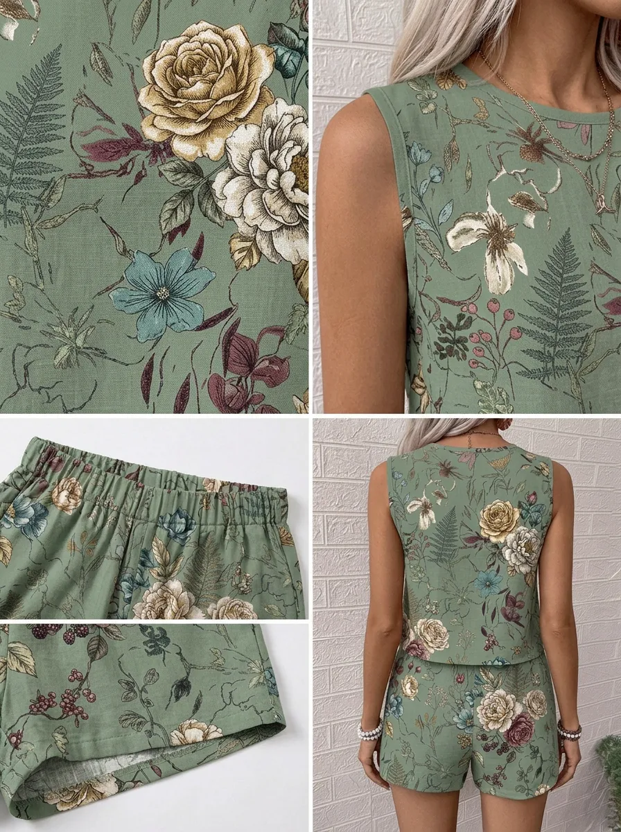 Women's Botanical Floral Vintage Printed Sleeveless Shorts Set