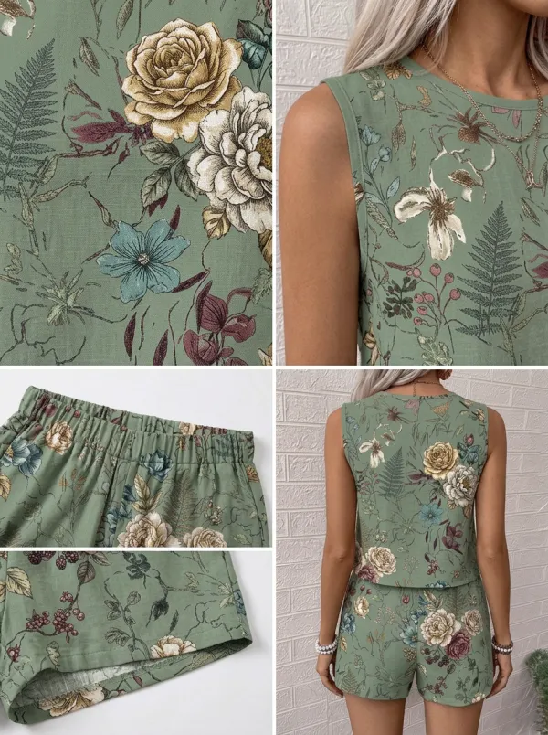Women's Botanical Floral Vintage Printed Sleeveless Shorts Set