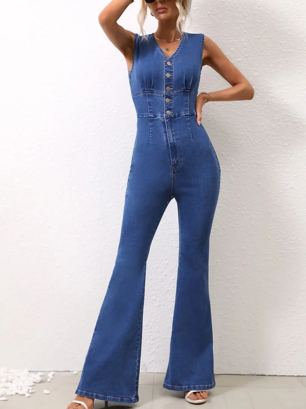 V Neck Sleeveless Everyday Jumpsuit Denim Pants