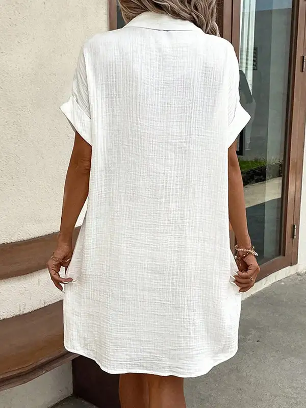 Relaxed Short Sleeve Pleated Split Joint Lapel Mini Dress Shirt Dress
