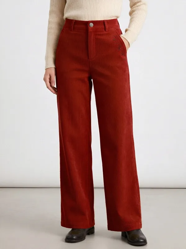 Women's Floral Minimalist Mustard Embroidered Printed Corduroy Pants