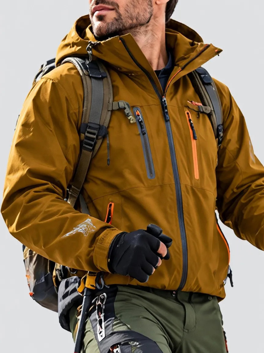 Men's waterproof jacket, suitable for cold-weather hiking, winter skiing, and outdoor softshell activities.