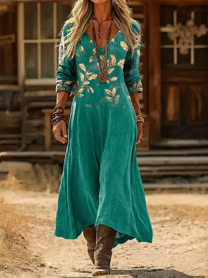 Women'S V-neck Retro Print Casual Loose Western Dress