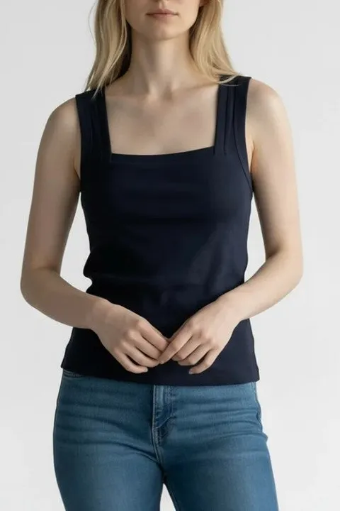 Navy Ribbed Square Neck Sleeveless Tank
